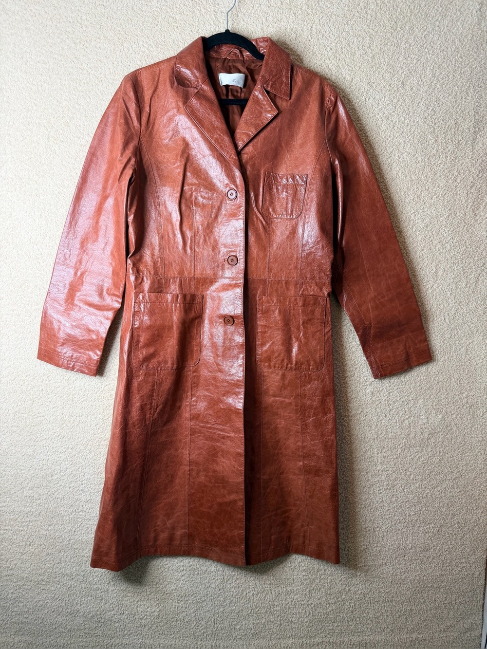 Brown Faux Leather Long Trench Coat Belted Women’s Size M